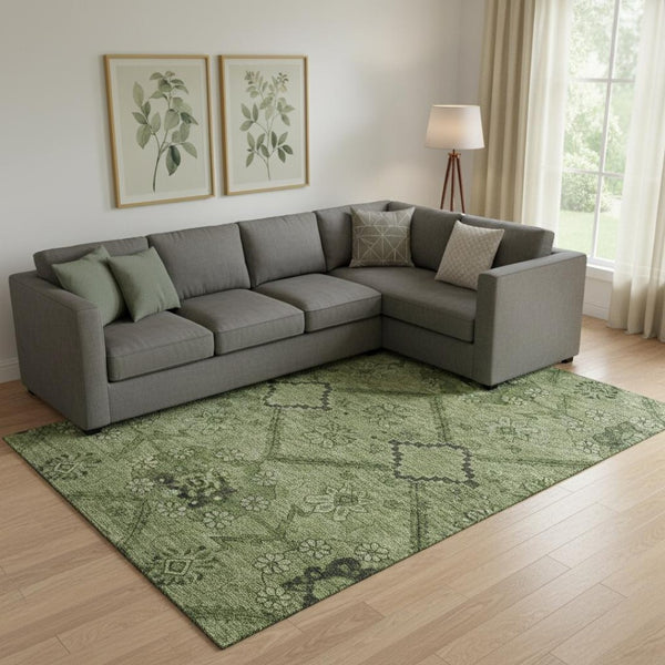 HomeRoots 10' X 14' Olive Green & Gray Floral Washable Area Rug – UV Protection, Durable, Easy Care Design 667252