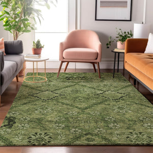 HomeRoots 10' X 14' Olive Green & Gray Floral Washable Area Rug – UV Protection, Durable, Easy Care Design 667252