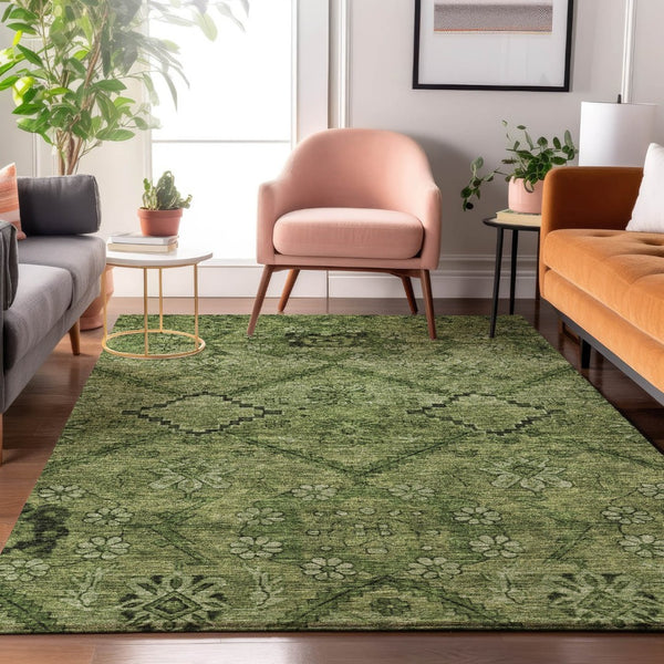 HomeRoots 10' X 14' Olive Green & Gray Floral Washable Area Rug – UV Protection, Durable, Easy Care Design 667252