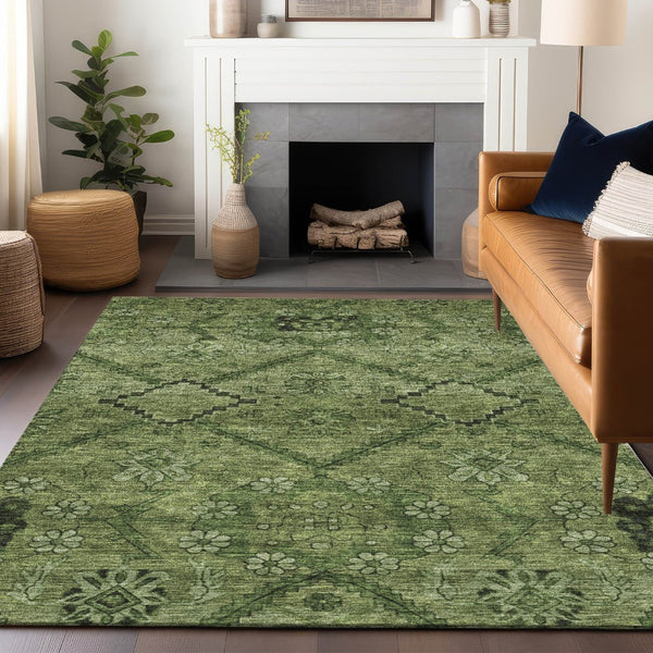 HomeRoots 10' X 14' Olive Green & Gray Floral Washable Area Rug – UV Protection, Durable, Easy Care Design 667252