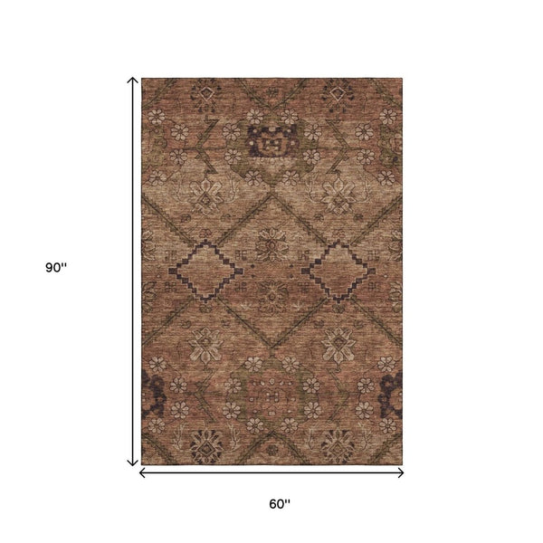 HomeRoots 5' X 8' Floral Area Rug in Rust and Copper – Washable, UV-Protected, Stain-Resistant, Durable Design 667254