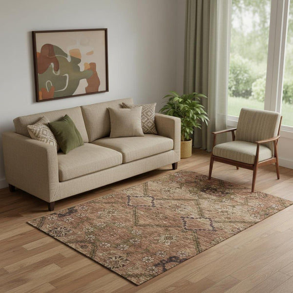 HomeRoots 5' X 8' Floral Area Rug in Rust and Copper – Washable, UV-Protected, Stain-Resistant, Durable Design 667254