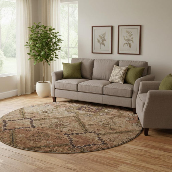 HomeRoots 8' Washable Round Rug in Rust and Copper Floral Design - UV Protected, Stain Resistant, Durable! 667255