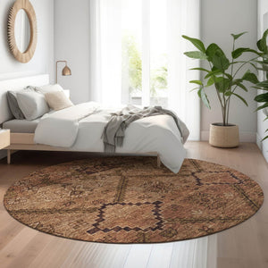 HomeRoots 8' Washable Round Rug in Rust and Copper Floral Design - UV Protected, Stain Resistant, Durable! 667255