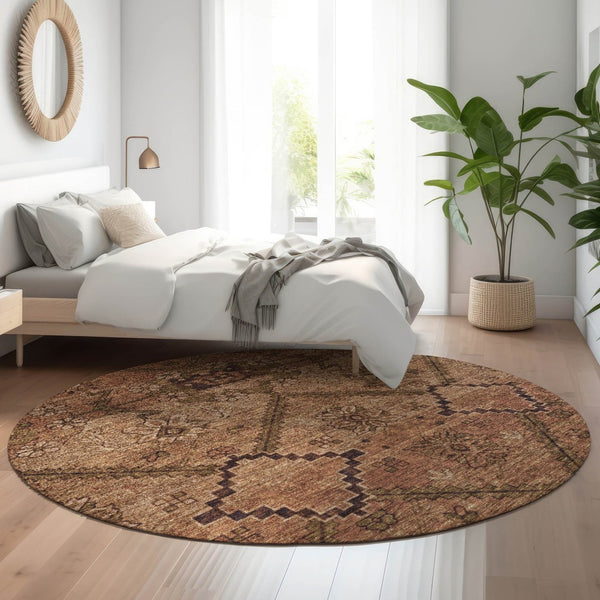 HomeRoots 8' Washable Round Rug in Rust and Copper Floral Design - UV Protected, Stain Resistant, Durable! 667255