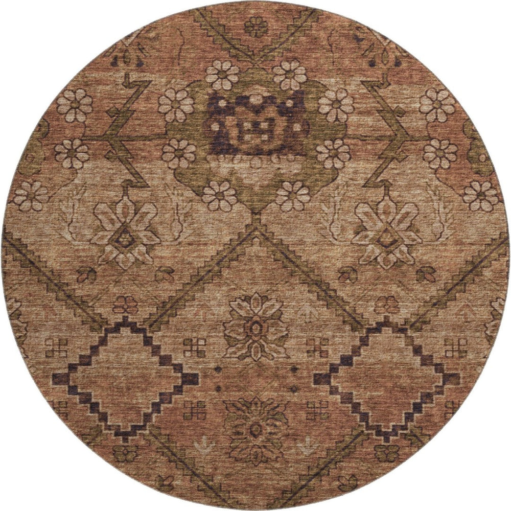 HomeRoots 8' Washable Round Rug in Rust and Copper Floral Design - UV Protected, Stain Resistant, Durable! 667255