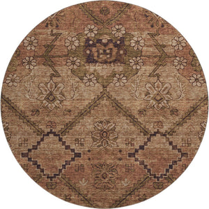 HomeRoots 8' Washable Round Rug in Rust and Copper Floral Design - UV Protected, Stain Resistant, Durable! 667255