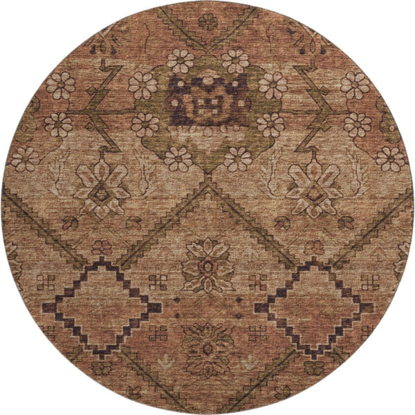 HomeRoots 8' Washable Round Rug in Rust and Copper Floral Design - UV Protected, Stain Resistant, Durable! 667255