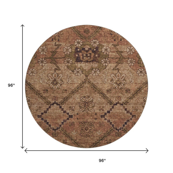 HomeRoots 8' Washable Round Rug in Rust and Copper Floral Design - UV Protected, Stain Resistant, Durable! 667255