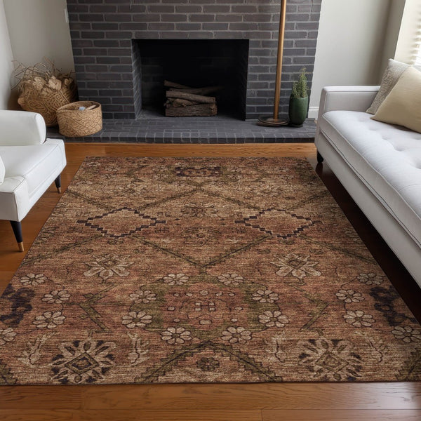 HomeRoots 8' X 10' Floral Area Rug in Rust & Copper - Washable, UV-Protected, Durable for High-Traffic Spaces 667256