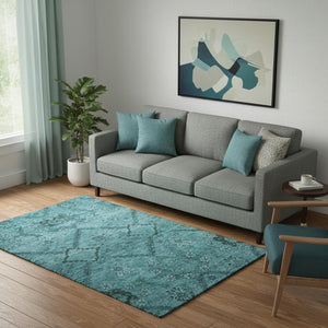 HomeRoots 5' X 8' Teal And Gray Floral Area Rug - Washable, UV Protected, Durable for High-Traffic Spaces 667260