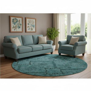 HomeRoots 8' Teal Floral Round Rug - Soft, Washable, Stain-Resistant with UV Protection for Family Spaces 667261
