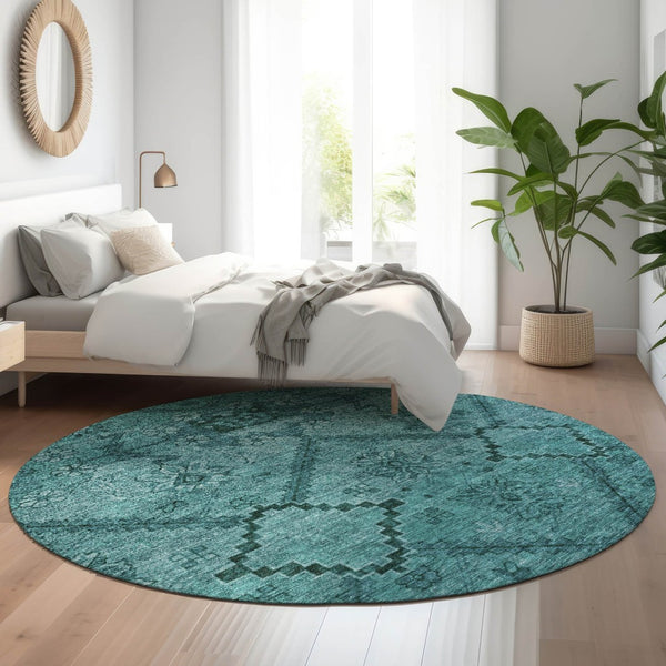 HomeRoots 8' Teal Floral Round Rug - Soft, Washable, Stain-Resistant with UV Protection for Family Spaces 667261