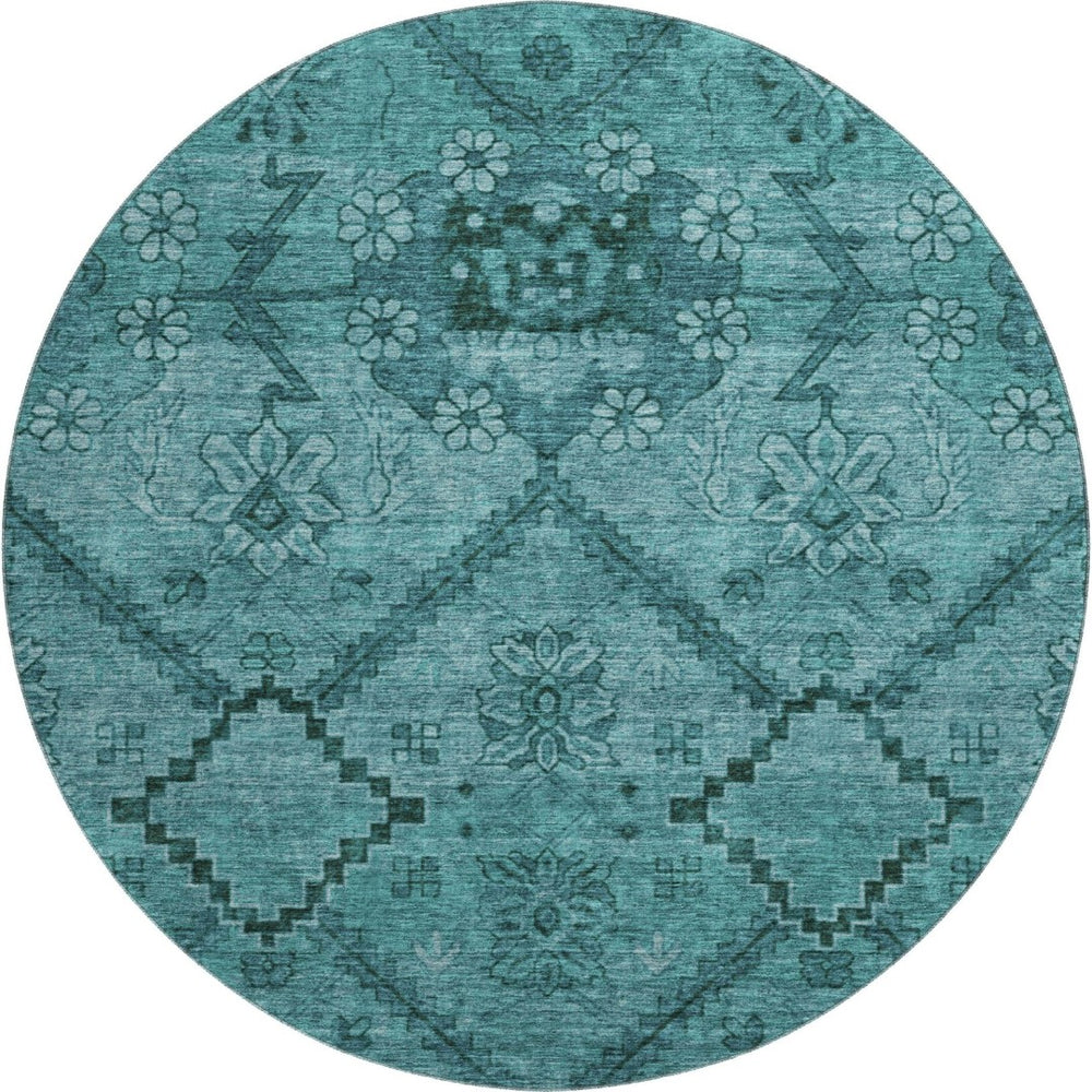 HomeRoots 8' Teal Floral Round Rug - Soft, Washable, Stain-Resistant with UV Protection for Family Spaces 667261