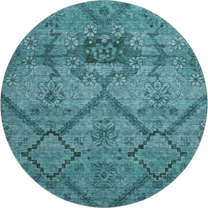 HomeRoots 8' Teal Floral Round Rug - Soft, Washable, Stain-Resistant with UV Protection for Family Spaces 667261
