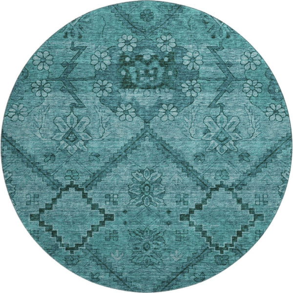 HomeRoots 8' Teal Floral Round Rug - Soft, Washable, Stain-Resistant with UV Protection for Family Spaces 667261