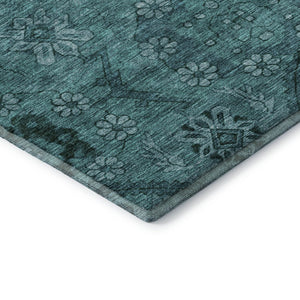 HomeRoots 8' Teal Floral Round Rug - Soft, Washable, Stain-Resistant with UV Protection for Family Spaces 667261