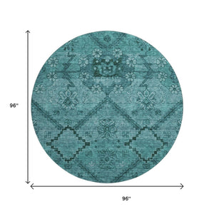 HomeRoots 8' Teal Floral Round Rug - Soft, Washable, Stain-Resistant with UV Protection for Family Spaces 667261