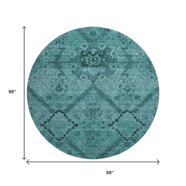HomeRoots 8' Teal Floral Round Rug - Soft, Washable, Stain-Resistant with UV Protection for Family Spaces 667261