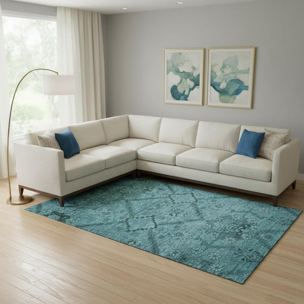 HomeRoots 8' X 10' Teal and Gray Floral Area Rug - Washable, UV-Protected, Family-Friendly Home Essential 667262