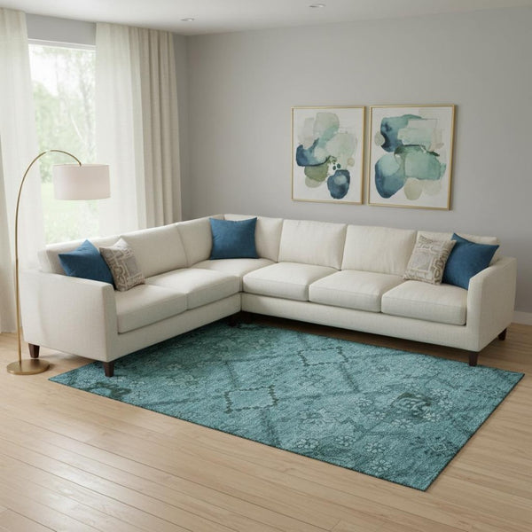 HomeRoots 9' X 12' Teal And Gray Floral Area Rug - Washable, UV-Protected, Stain-Resistant for Busy Homes 667263