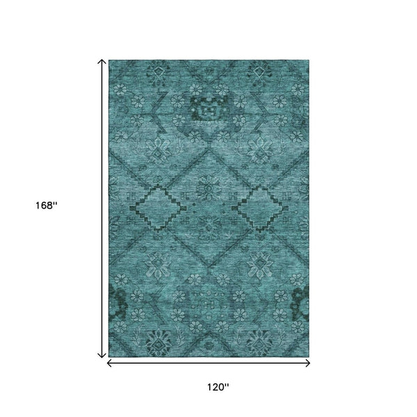 HomeRoots 10' X 14' Teal and Gray Floral Area Rug – Washable, UV Protected, Stain Resistant for Busy Homes! 667264