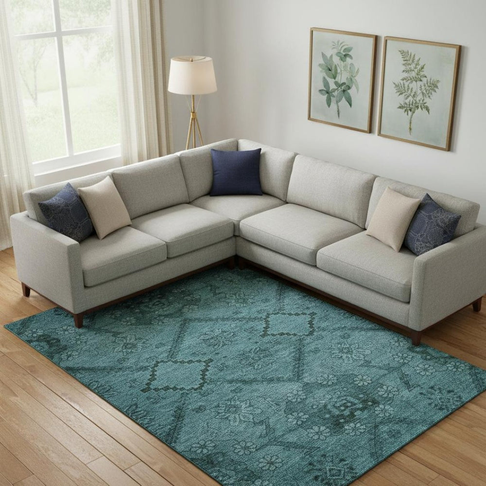 HomeRoots 10' X 14' Teal and Gray Floral Area Rug – Washable, UV Protected, Stain Resistant for Busy Homes! 667264