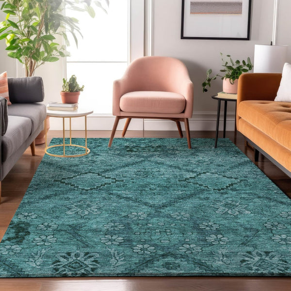 HomeRoots 10' X 14' Teal and Gray Floral Area Rug – Washable, UV Protected, Stain Resistant for Busy Homes! 667264