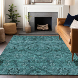 HomeRoots 10' X 14' Teal and Gray Floral Area Rug – Washable, UV Protected, Stain Resistant for Busy Homes! 667264