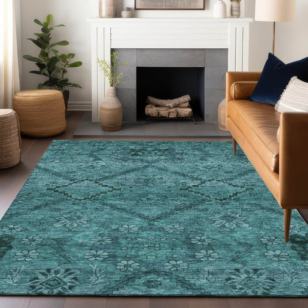 HomeRoots 10' X 14' Teal and Gray Floral Area Rug – Washable, UV Protected, Stain Resistant for Busy Homes! 667264