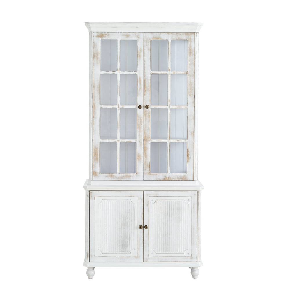 English Elm 77.5''H Vintage Display Cabinet with 180° Glass, Adjustable Shelves, Damping Hinges & Whitewash Finish SN845P296679W