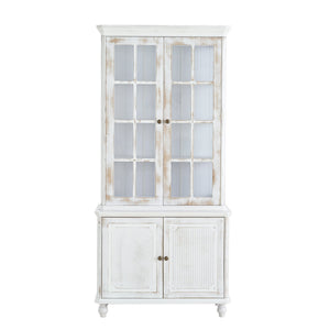 English Elm 77.5''H Vintage Display Cabinet with 180° Glass, Adjustable Shelves, Damping Hinges & Whitewash Finish SN845P296679W