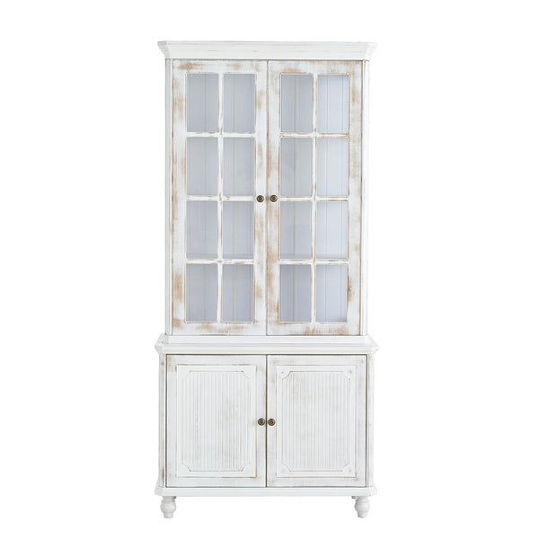 English Elm 77.5''H Vintage Display Cabinet with 180° Glass, Adjustable Shelves, Damping Hinges & Whitewash Finish SN845P296679W