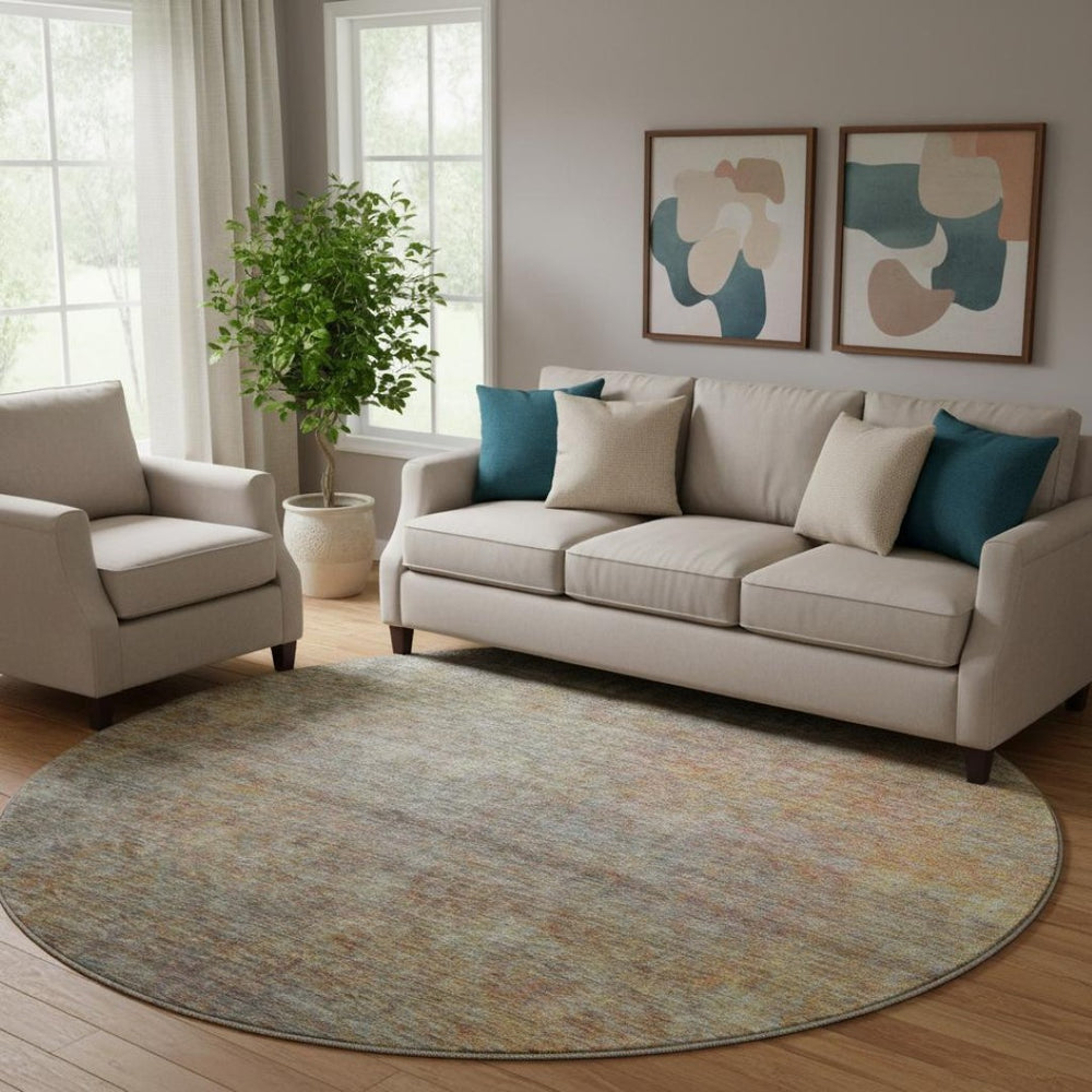 HomeRoots 8' Gray and Orange Abstract Round Rug - Washable, UV Protected, Stylish & Durable for Any Room 667291