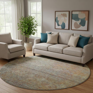 HomeRoots 8' Gray and Orange Abstract Round Rug - Washable, UV Protected, Stylish & Durable for Any Room 667291