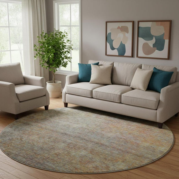 HomeRoots 8' Gray and Orange Abstract Round Rug - Washable, UV Protected, Stylish & Durable for Any Room 667291