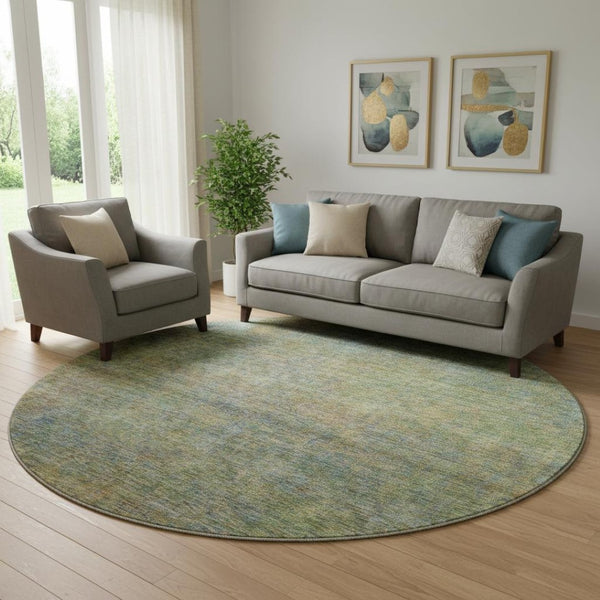 HomeRoots 8' Green And Gold Abstract Washable Round Rug - UV Protected, Stain-Resistant, Ideal for Busy Homes 667297