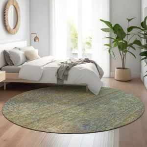 HomeRoots 8' Green And Gold Abstract Washable Round Rug - UV Protected, Stain-Resistant, Ideal for Busy Homes 667297