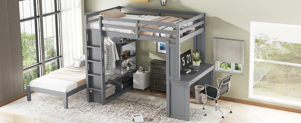 English Elm Full Solid Wood Loft Bed with Removable Lower Bed, Built-In Desk, Shelves & Wardrobe for Space-Saving Designs Grey W1580S00212