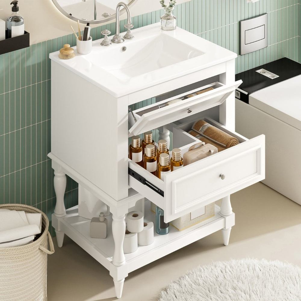 English Elm 24'' Retro Bathroom Vanity Mdf Cabinet with Ceramic Sink Open Shelf and 2 Drawers White N710P405414K