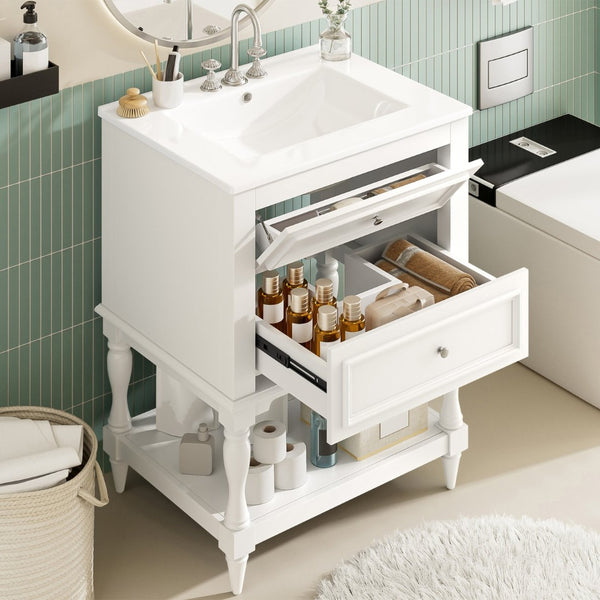 English Elm 24'' Retro Bathroom Vanity Mdf Cabinet with Ceramic Sink Open Shelf and 2 Drawers White N710P405414K
