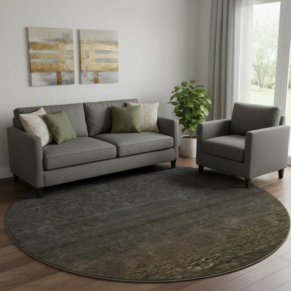 HomeRoots 8' Stylish Chocolate-Gray Ombre Washable Round Rug with UV Protection for Modern Homes & Families 667303