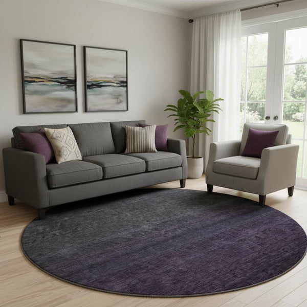 HomeRoots 8' Stylish Eggplant Charcoal Ombre Washable Round Rug - UV Protected, Durable for Busy Homes! 667309