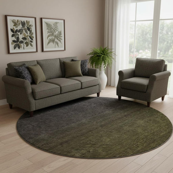 HomeRoots 8' Olive Green to Charcoal Ombre Round Rug – Washable, UV Protected, Soft, Stylish & Durable Design 667333