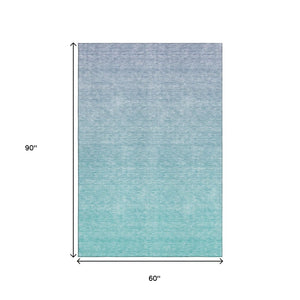 HomeRoots 5' Sky Blue to Ivory Ombre Area Rug - Washable, Stain-Resistant, UV Protected for Family Spaces 667356