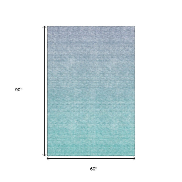 HomeRoots 5' Sky Blue to Ivory Ombre Area Rug - Washable, Stain-Resistant, UV Protected for Family Spaces 667356