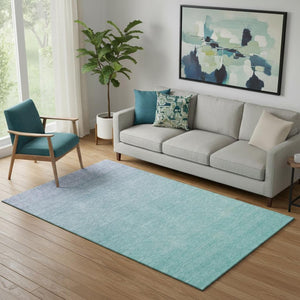 HomeRoots 5' Sky Blue to Ivory Ombre Area Rug - Washable, Stain-Resistant, UV Protected for Family Spaces 667356