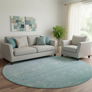 HomeRoots 8' Sky Blue Ombre Round Rug - Washable, UV-Protected, Durable, and Family-Friendly for Cozy Spaces 667357
