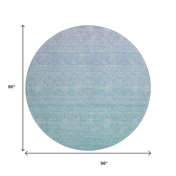HomeRoots 8' Sky Blue Ombre Round Rug - Washable, UV-Protected, Durable, and Family-Friendly for Cozy Spaces 667357