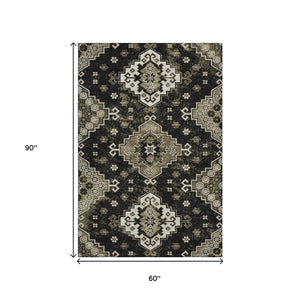 HomeRoots 5' X 8' Black And Ivory Medallion Area Rug - Washable, UV Protected, Stain Resistant for Stylish Living 667362